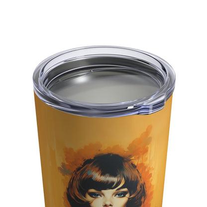 Retro inspired art print of a woman on a Tumbler 10oz; Tumbler Autumn Vibes 10oz - by Pink Power Studio #gift for girlfriend #gift for wife #birthday gift #gift for her #70s #70ies