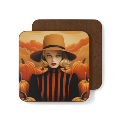 Retro inspired art print of a woman on a Home Decor; Coaster Autumn Vibes - Halloween - by Pink Power Studio #gift for girlfriend #gift for wife #birthday gift #gift for her #70s #70ies