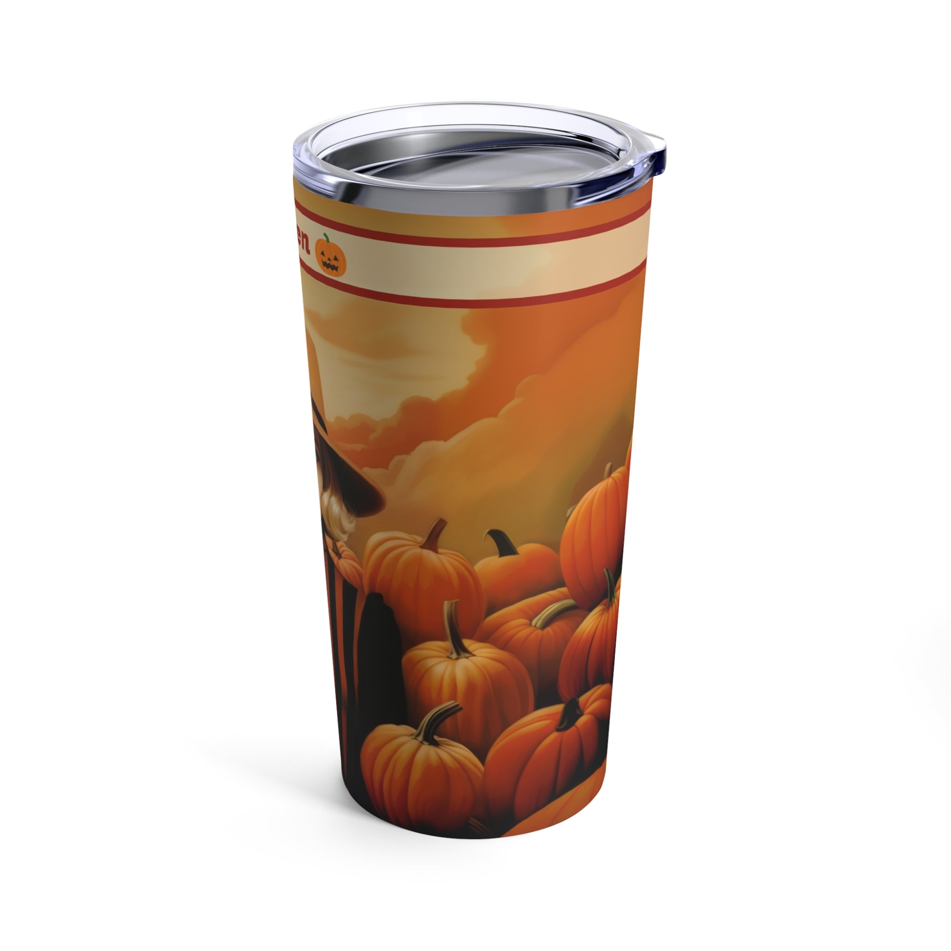 Retro inspired art print of a woman on a Tumbler 20oz; Personalized Tumbler Autumn Vibes 20oz - Halloween - by Pink Power Studio #gift for girlfriend #gift for wife #birthday gift #gift for her #70s #70ies