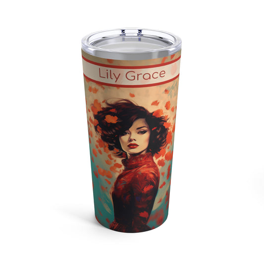 Retro inspired art print of a woman on a Tumbler 20oz; Personalized Tumbler Autumn Vibes 20oz - by Pink Power Studio #gift for girlfriend #gift for wife #birthday gift #gift for her #70s #70ies