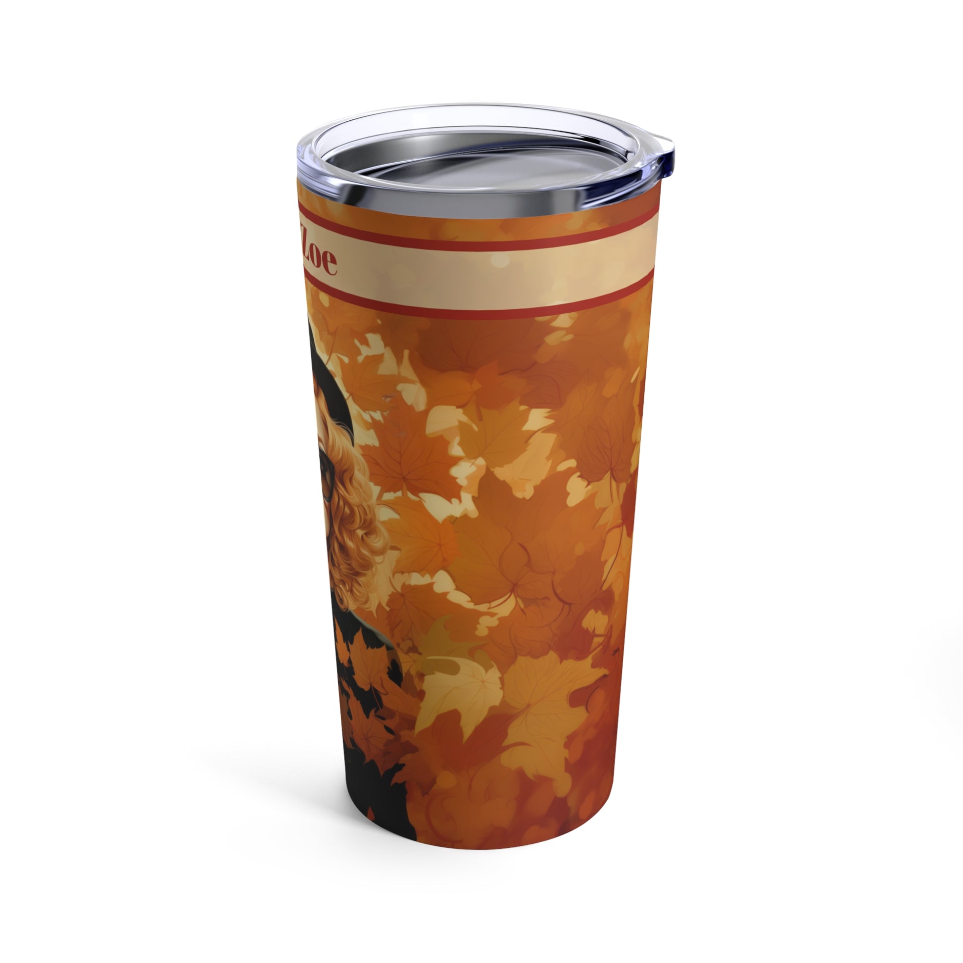 Retro inspired art print of a woman on a Tumbler 20oz; Personalized Tumbler Autumn Vibes 20oz - by Pink Power Studio #gift for girlfriend #gift for wife #birthday gift #gift for her #70s #70ies