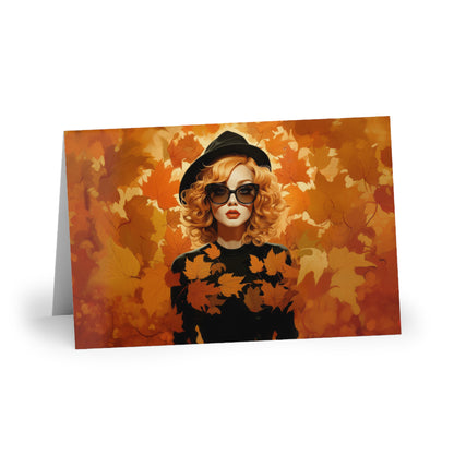 Retro inspired art print of a woman on a Greeting Card; Greeting Cards Autumn Vibes (1 or 10 pcs) - by Pink Power Studio #gift for girlfriend #gift for wife #birthday gift #gift for her #70s #70ies