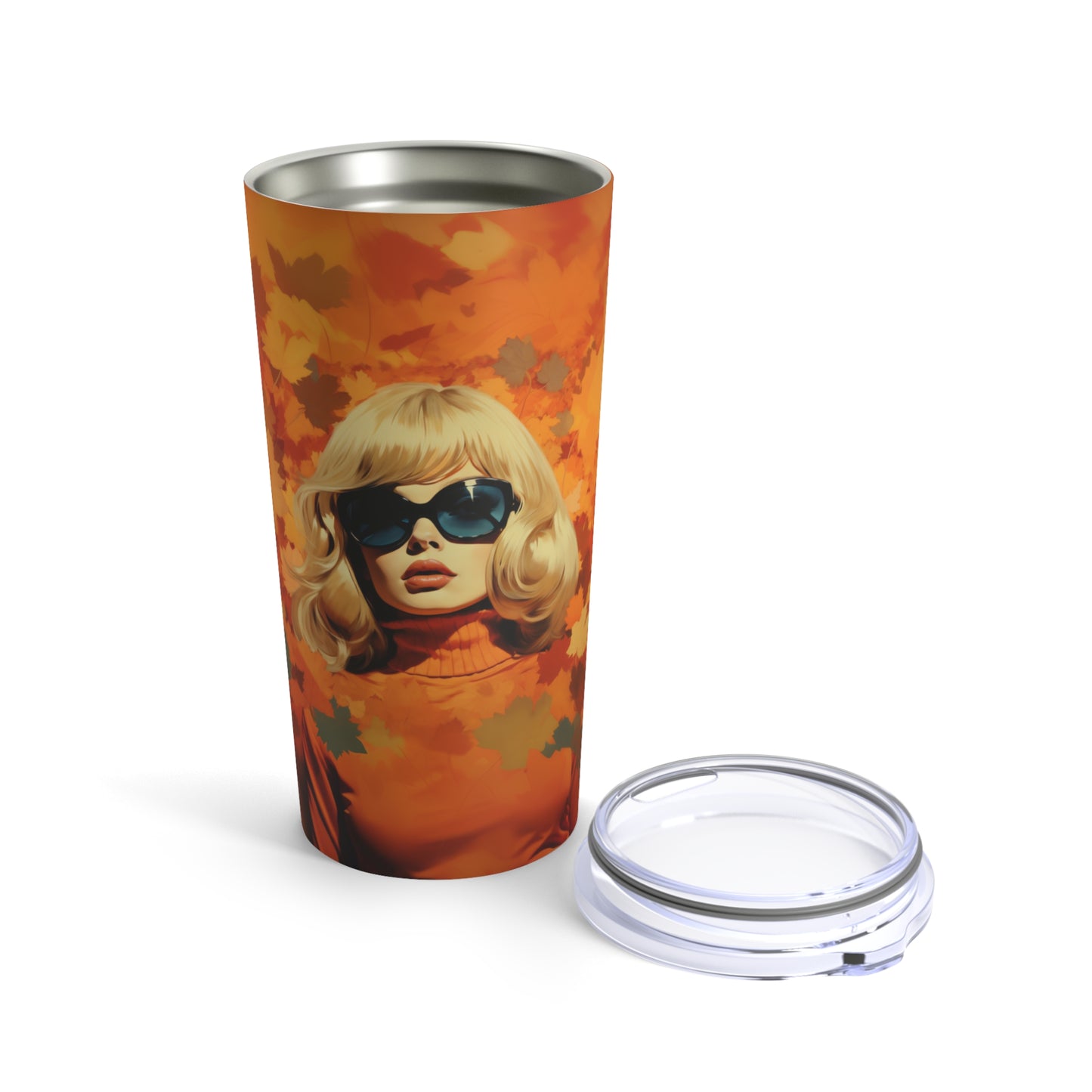 Retro inspired art print of a woman on a Tumbler 20oz; Tumbler Autumn Vibes 20oz - by Pink Power Studio #gift for girlfriend #gift for wife #birthday gift #gift for her #70s #70ies