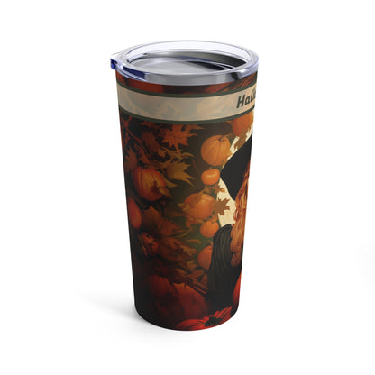 Retro inspired art print of a woman on a Tumbler 20oz; Personalized Tumbler Autumn Vibes 20oz - Halloween - by Pink Power Studio #gift for girlfriend #gift for wife #birthday gift #gift for her #70s #70ies