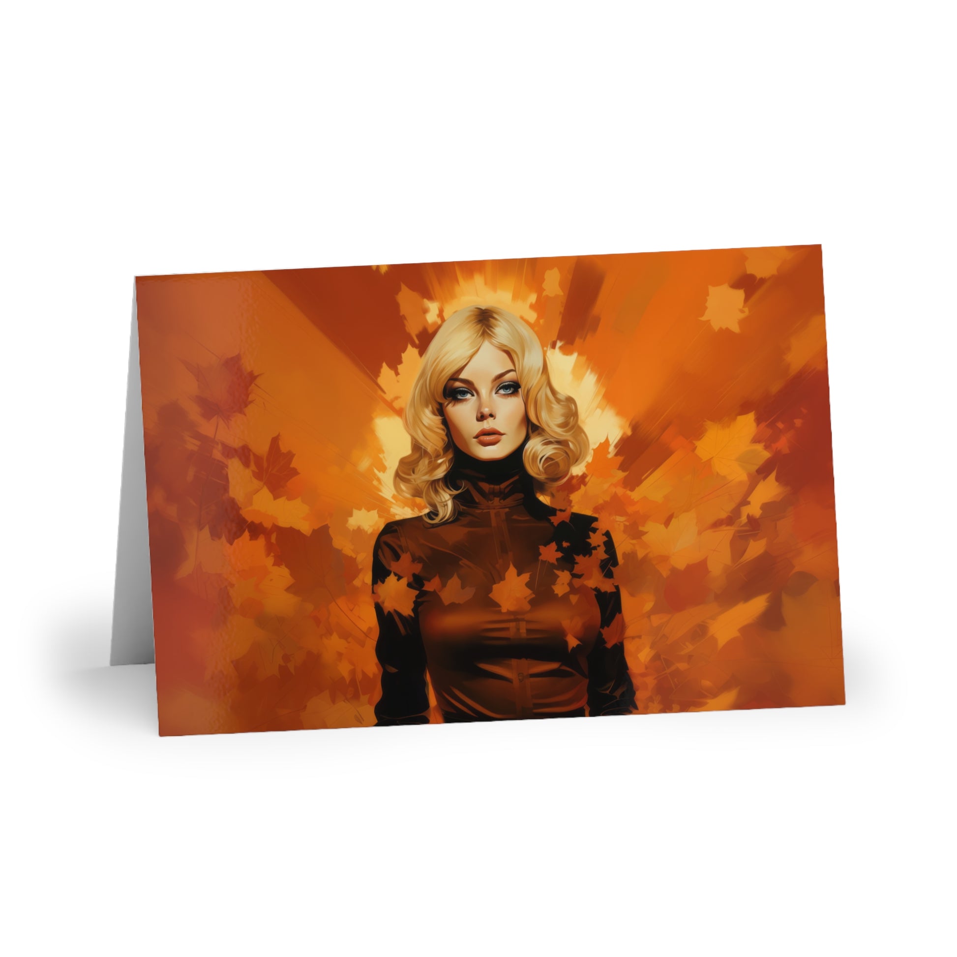 Retro inspired art print of a woman on a Greeting Card; Greeting Cards Autumn Vibes (1 or 10 pcs) - by Pink Power Studio #gift for girlfriend #gift for wife #birthday gift #gift for her #70s #70ies