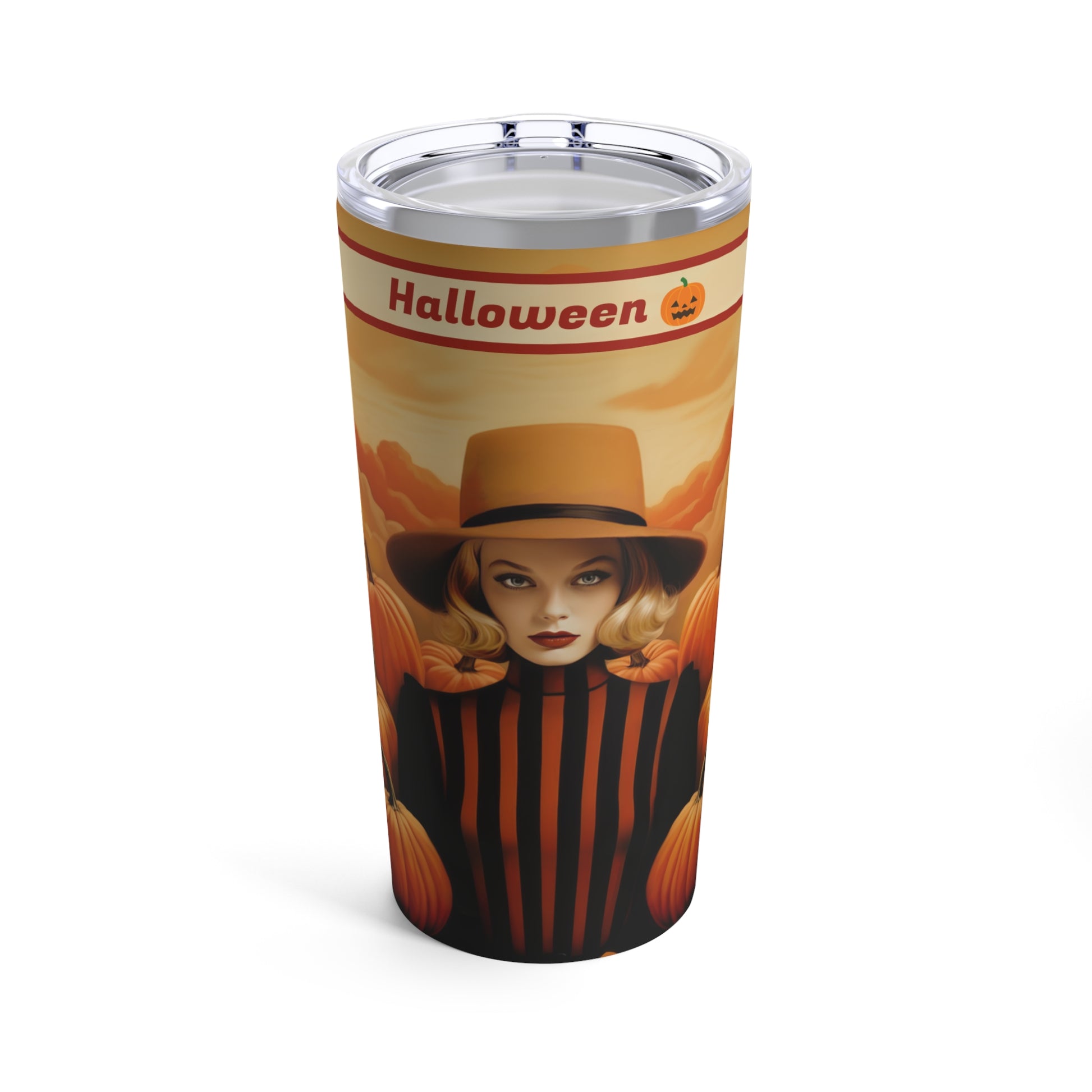 Retro inspired art print of a woman on a Tumbler 20oz; Personalized Tumbler Autumn Vibes 20oz - Halloween - by Pink Power Studio #gift for girlfriend #gift for wife #birthday gift #gift for her #70s #70ies