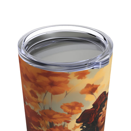 Retro inspired art print of a woman on a Tumbler 20oz; Tumbler Autumn Vibes 20oz - by Pink Power Studio #gift for girlfriend #gift for wife #birthday gift #gift for her #70s #70ies