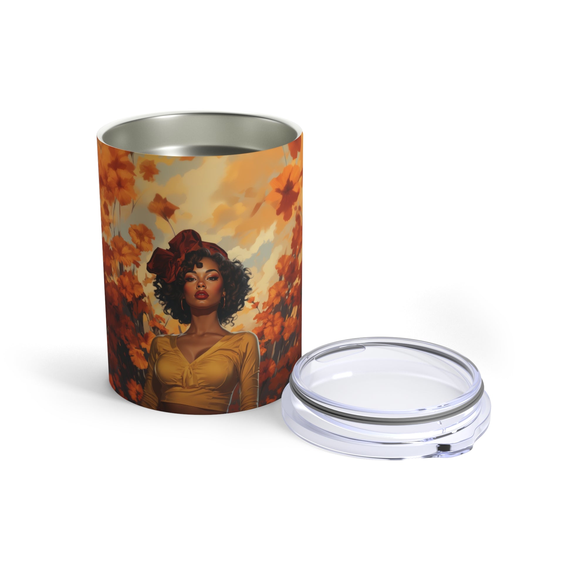 Retro inspired art print of a woman on a Tumbler 10oz; Tumbler Autumn Vibes 10oz - by Pink Power Studio #gift for girlfriend #gift for wife #birthday gift #gift for her #70s #70ies