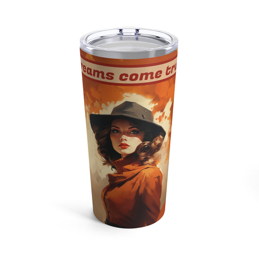 Retro inspired art print of a woman on a Tumbler 20oz; Personalized Tumbler Autumn Vibes 20oz - by Pink Power Studio #gift for girlfriend #gift for wife #birthday gift #gift for her #70s #70ies