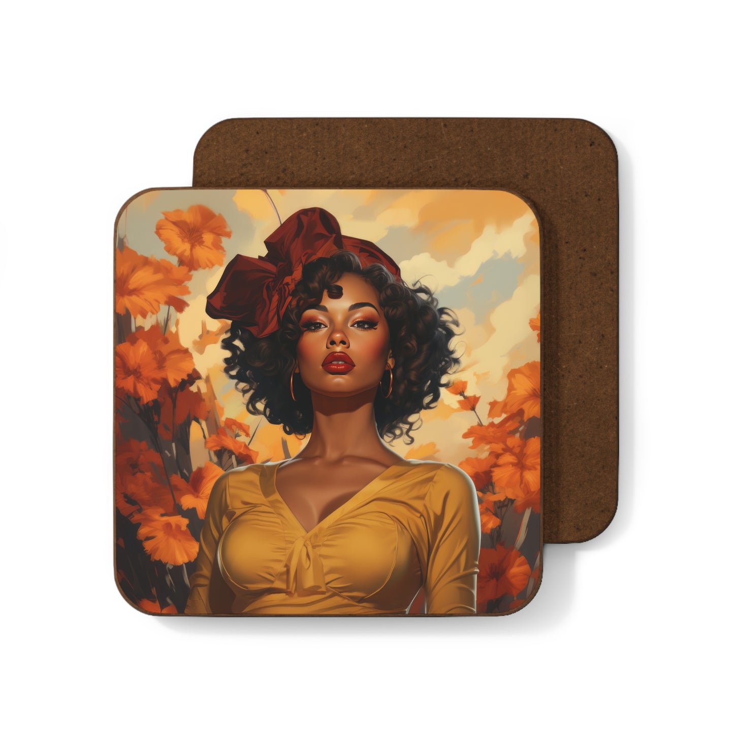 Retro inspired art print of a woman on a Home Decor; Coaster Autumn Vibes - by Pink Power Studio #gift for girlfriend #gift for wife #birthday gift #gift for her #70s #70ies