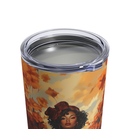 Retro inspired art print of a woman on a Tumbler 10oz; Tumbler Autumn Vibes 10oz - by Pink Power Studio #gift for girlfriend #gift for wife #birthday gift #gift for her #70s #70ies