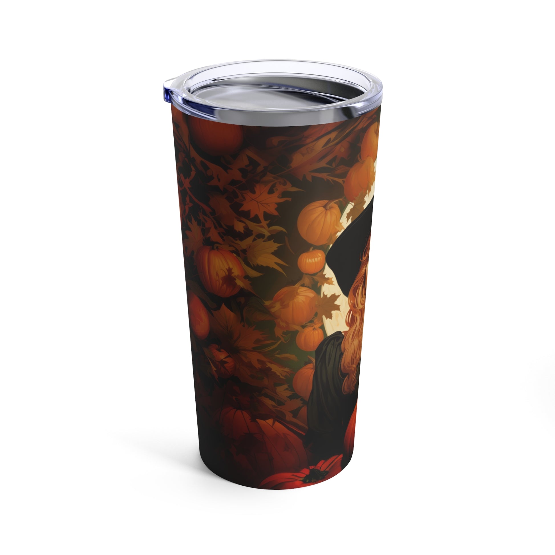 Retro inspired art print of a woman on a Tumbler 20oz; Tumbler Autumn Vibes 20oz - Halloween - by Pink Power Studio #gift for girlfriend #gift for wife #birthday gift #gift for her #70s #70ies