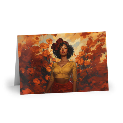 Retro inspired art print of a woman on a Greeting Card; Greeting Cards Autumn Vibes (1 or 10 pcs) - by Pink Power Studio #gift for girlfriend #gift for wife #birthday gift #gift for her #70s #70ies