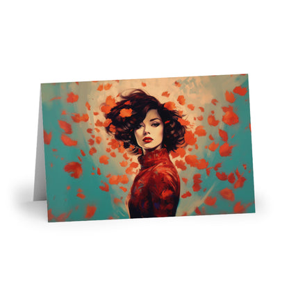 Retro inspired art print of a woman on a Greeting Card; Greeting Cards Autumn Vibes (1 or 10 pcs) - by Pink Power Studio #gift for girlfriend #gift for wife #birthday gift #gift for her #70s #70ies