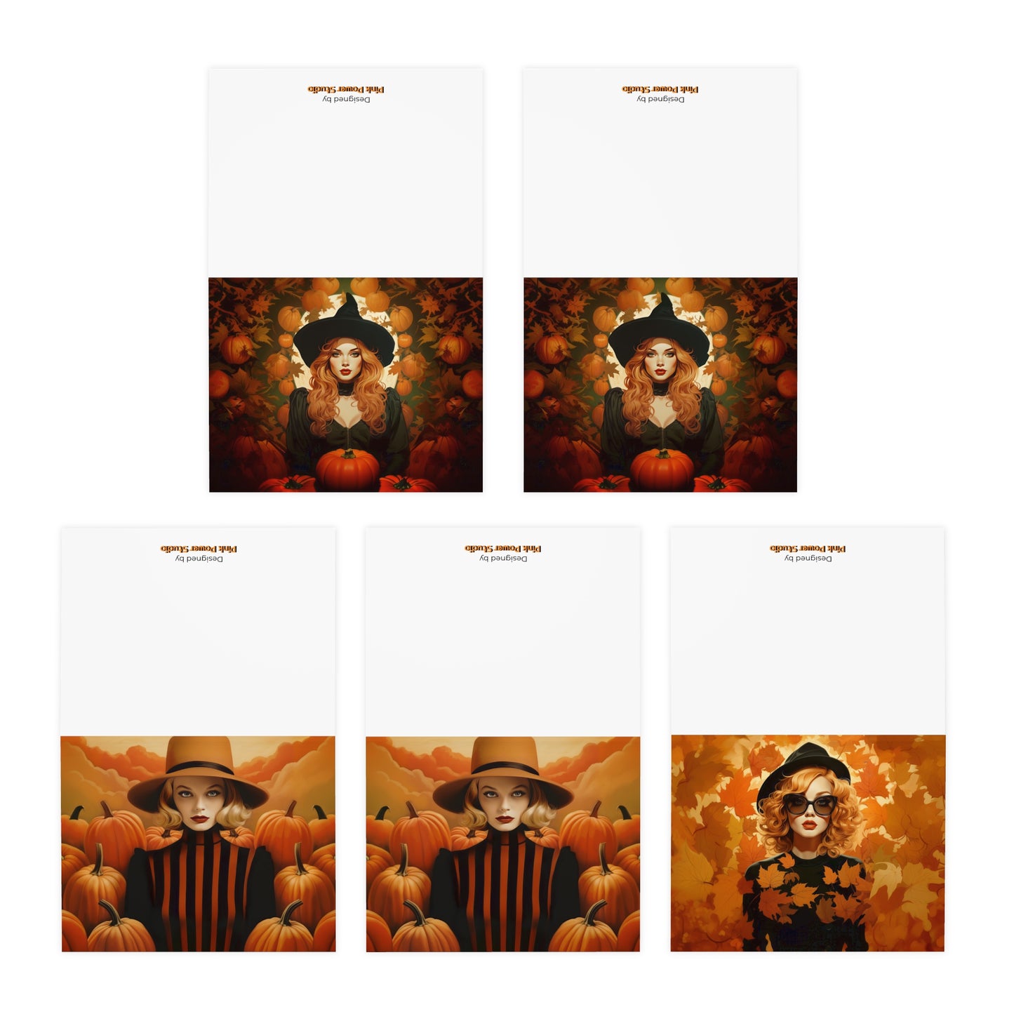 Retro inspired art print of a woman on a Paper products; Greeting Card Set Autumn Vibes (5 pcs) - by Pink Power Studio #gift for girlfriend #gift for wife #birthday gift #gift for her #70s #70ies