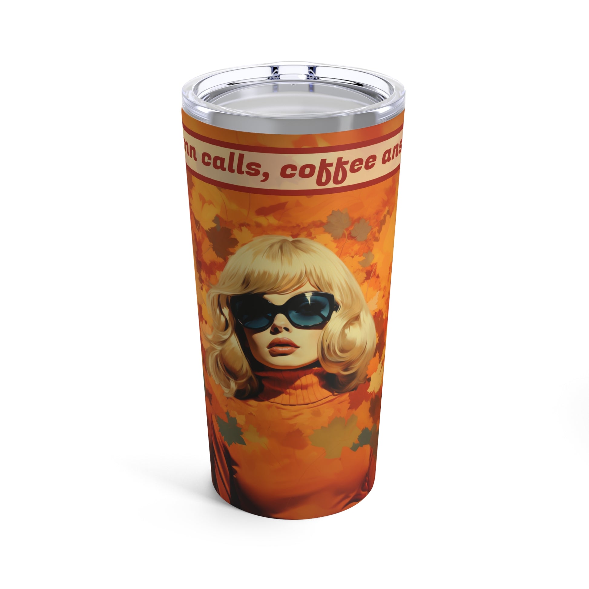 Retro inspired art print of a woman on a Tumbler 20oz; Personalized Tumbler Autumn Vibes 20oz - by Pink Power Studio #gift for girlfriend #gift for wife #birthday gift #gift for her #70s #70ies