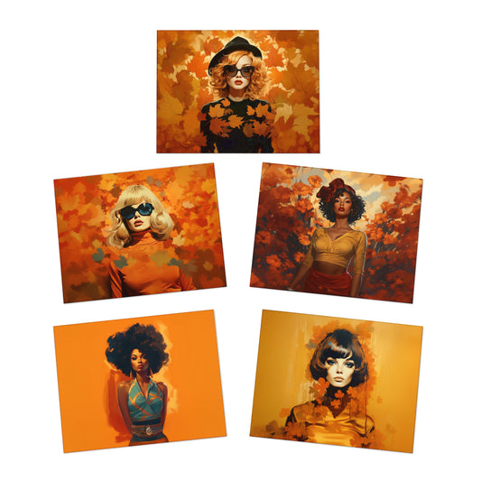 Retro inspired art print of a woman on a Paper products; Greeting Card Set Autumn Vibes (5 pcs) - by Pink Power Studio #gift for girlfriend #gift for wife #birthday gift #gift for her #70s #70ies