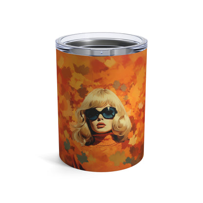 Retro inspired art print of a woman on a Tumbler 10oz; Tumbler Autumn Vibes 10oz - by Pink Power Studio #gift for girlfriend #gift for wife #birthday gift #gift for her #70s #70ies