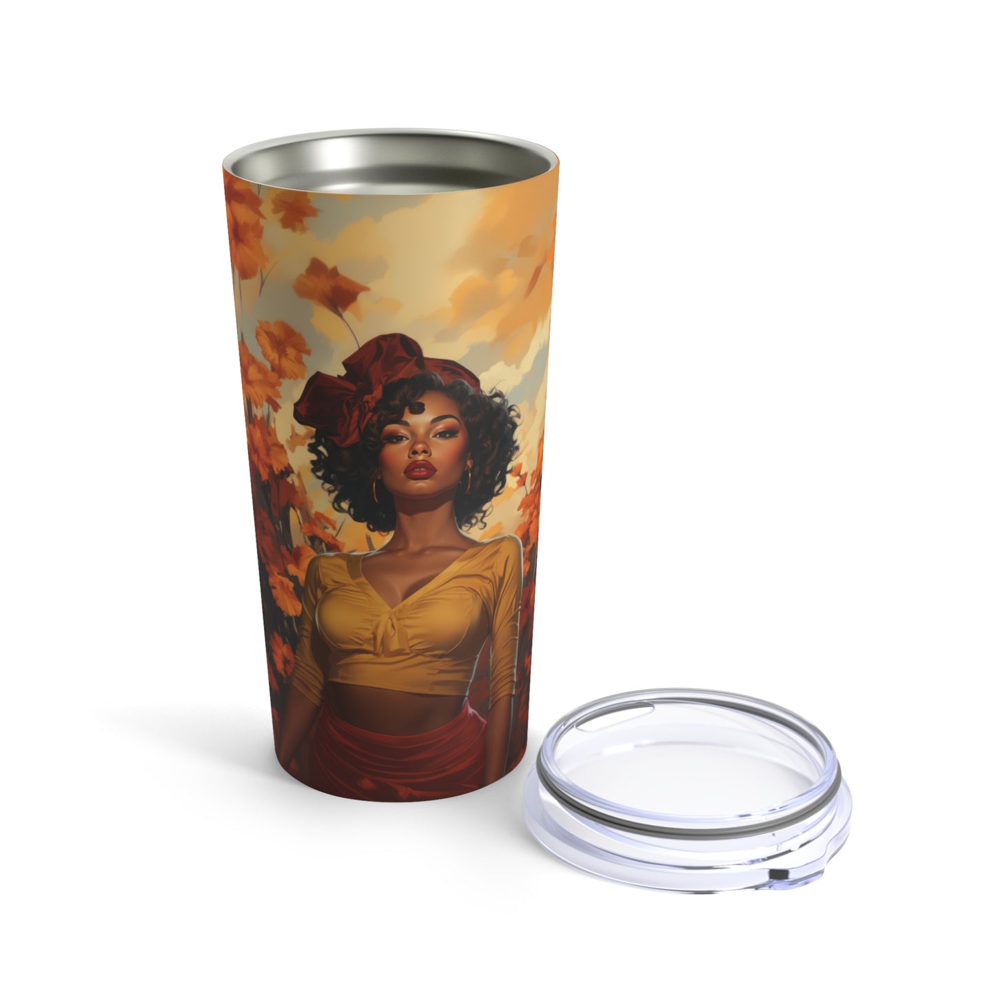 Retro inspired art print of a woman on a Tumbler 20oz; Tumbler Autumn Vibes 20oz - by Pink Power Studio #gift for girlfriend #gift for wife #birthday gift #gift for her #70s #70ies