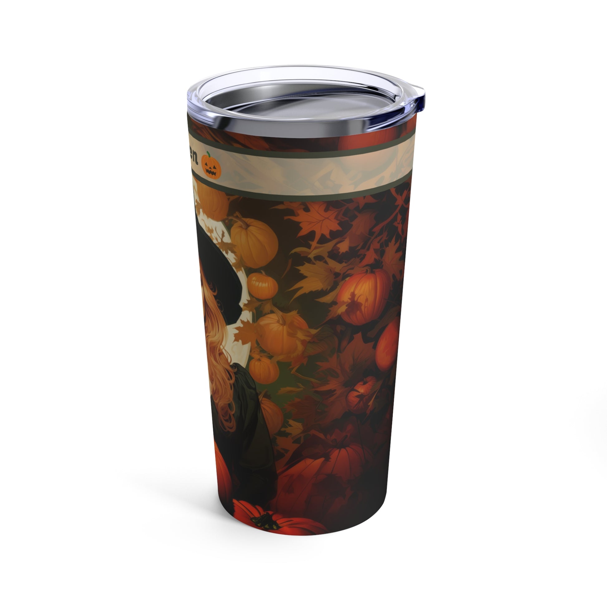 Retro inspired art print of a woman on a Tumbler 20oz; Personalized Tumbler Autumn Vibes 20oz - Halloween - by Pink Power Studio #gift for girlfriend #gift for wife #birthday gift #gift for her #70s #70ies