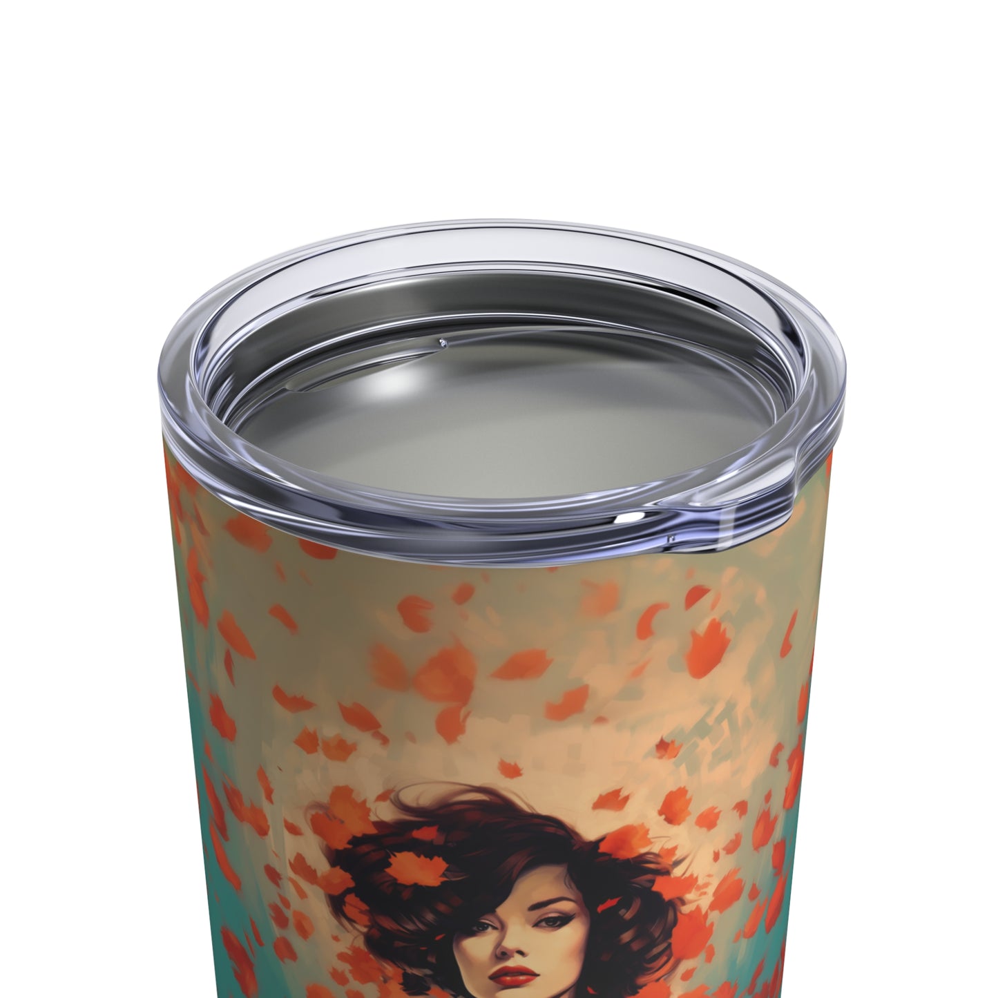 Retro inspired art print of a woman on a Tumbler 10oz; Tumbler Autumn Vibes 10oz - by Pink Power Studio #gift for girlfriend #gift for wife #birthday gift #gift for her #70s #70ies