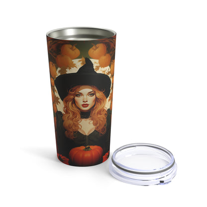 Retro inspired art print of a woman on a Tumbler 20oz; Tumbler Autumn Vibes 20oz - Halloween - by Pink Power Studio #gift for girlfriend #gift for wife #birthday gift #gift for her #70s #70ies