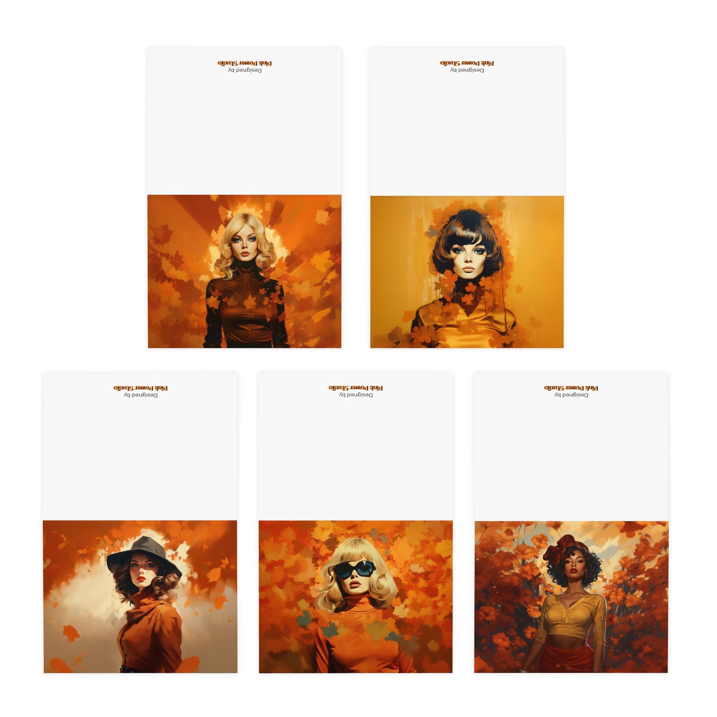 Retro inspired art print of a woman on a Paper products; Greeting Card Set Autumn Vibes (5 pcs) - by Pink Power Studio #gift for girlfriend #gift for wife #birthday gift #gift for her #70s #70ies