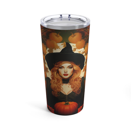 Retro inspired art print of a woman on a Tumbler 20oz; Tumbler Autumn Vibes 20oz - Halloween - by Pink Power Studio #gift for girlfriend #gift for wife #birthday gift #gift for her #70s #70ies