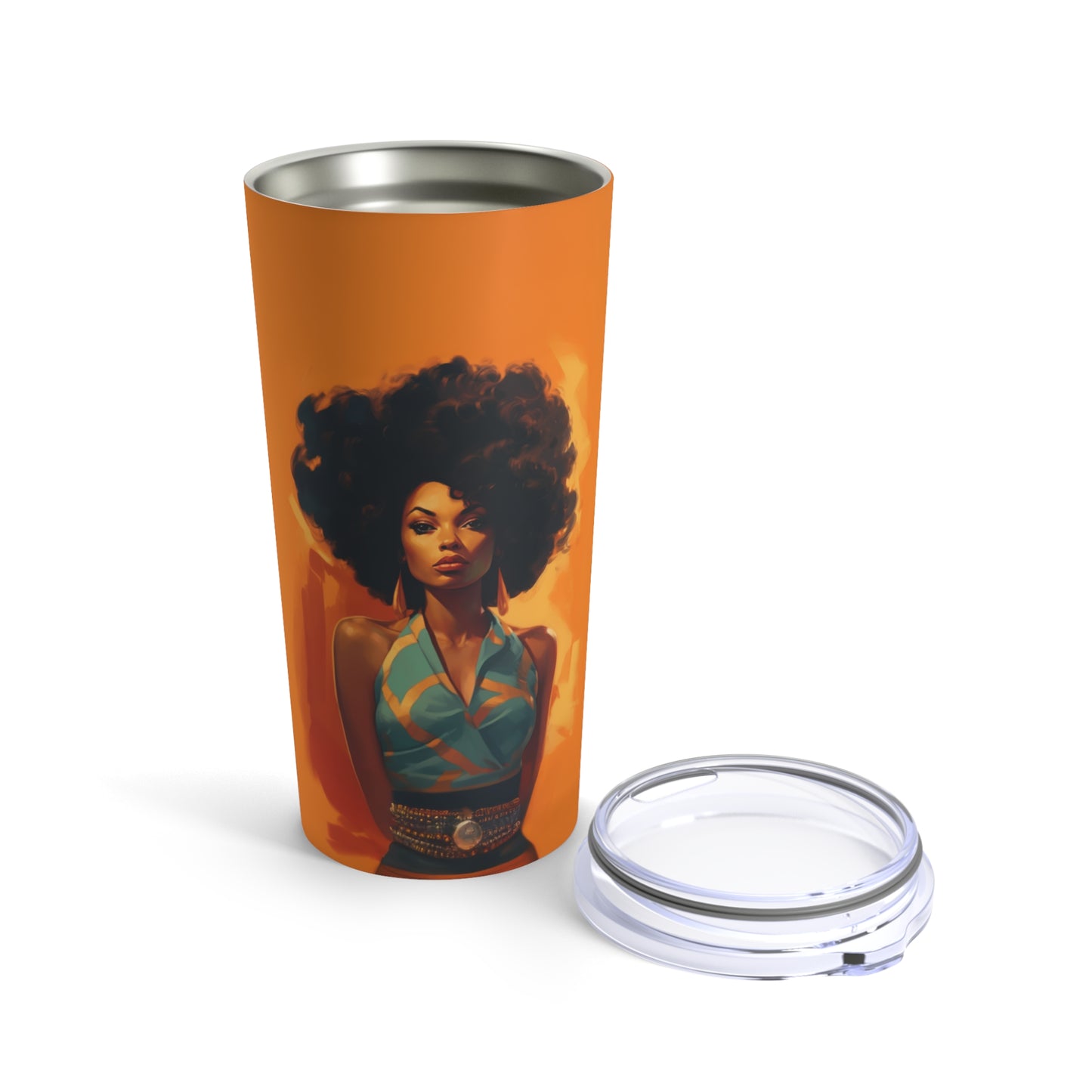 Retro inspired art print of a woman on a Tumbler 20oz; Tumbler Autumn Vibes 20oz - by Pink Power Studio #gift for girlfriend #gift for wife #birthday gift #gift for her #70s #70ies