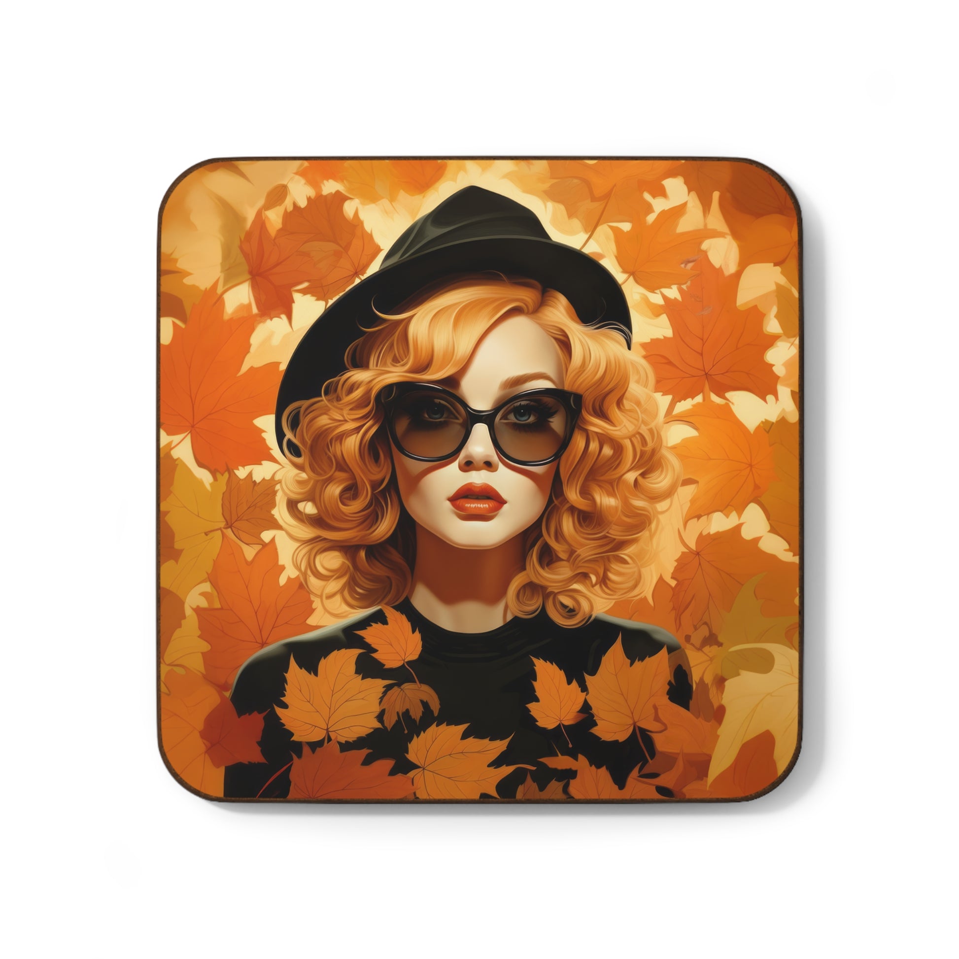 Retro inspired art print of a woman on a Home Decor; Coaster Autumn Vibes - by Pink Power Studio #gift for girlfriend #gift for wife #birthday gift #gift for her #70s #70ies