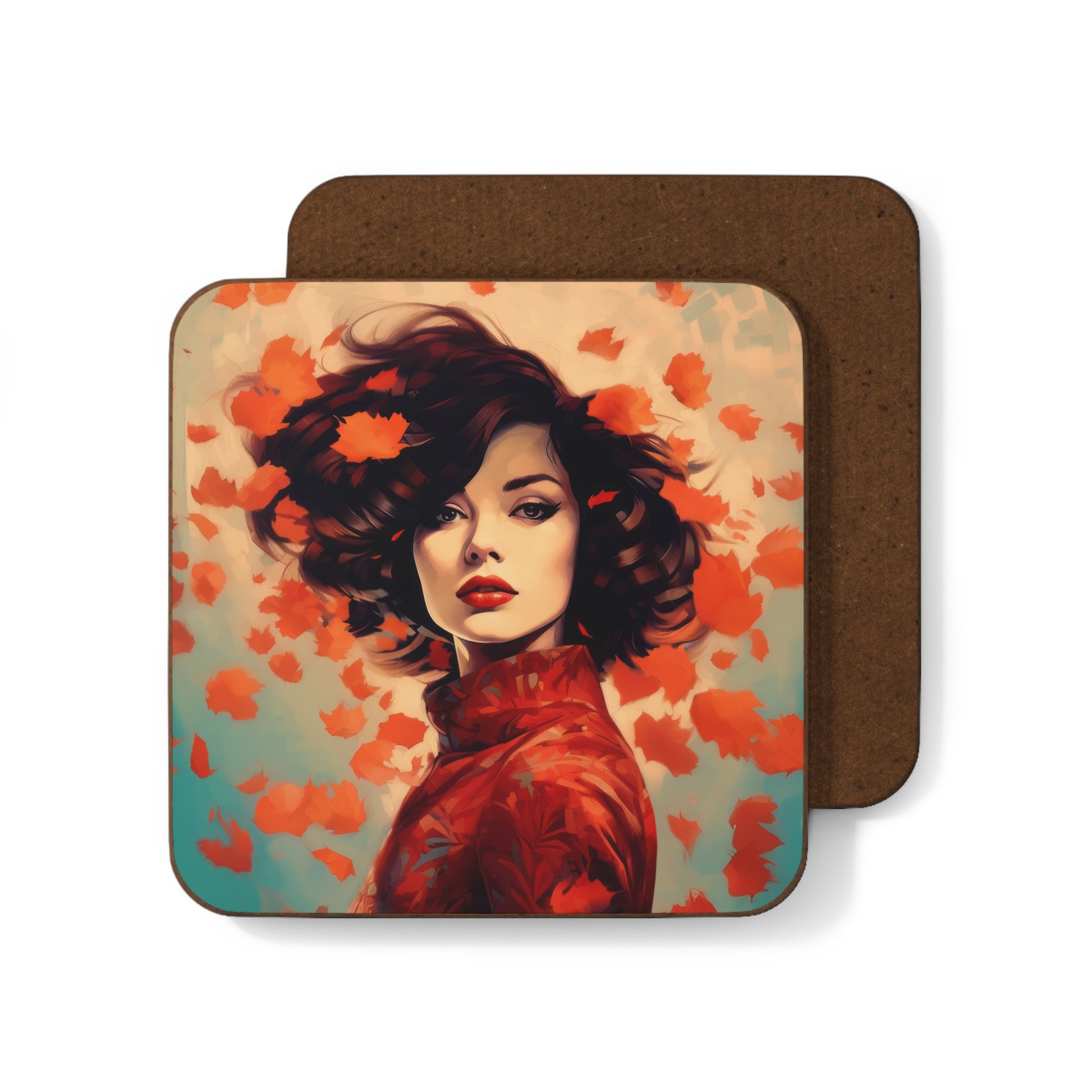 Retro inspired art print of a woman on a Home Decor; Coaster Autumn Vibes - by Pink Power Studio #gift for girlfriend #gift for wife #birthday gift #gift for her #70s #70ies