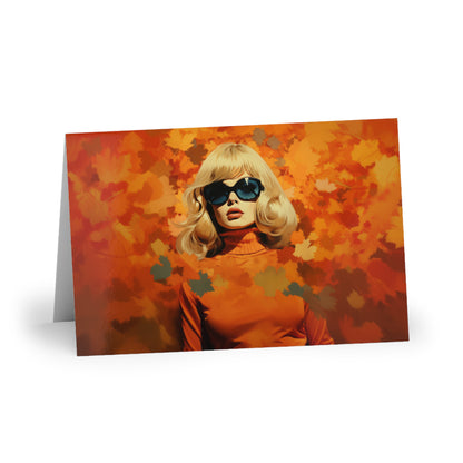 Retro inspired art print of a woman on a Greeting Card; Greeting Cards Autumn Vibes (1 or 10 pcs) - by Pink Power Studio #gift for girlfriend #gift for wife #birthday gift #gift for her #70s #70ies