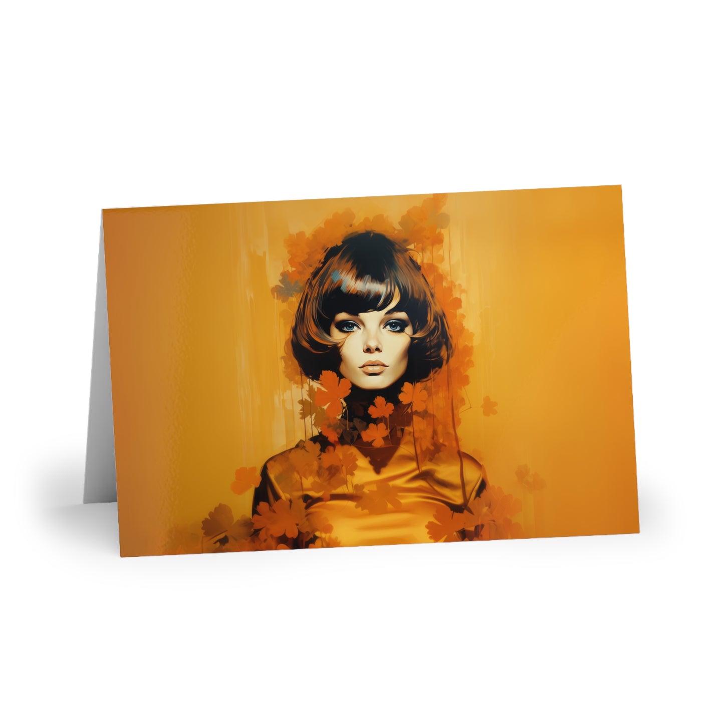 Retro inspired art print of a woman on a Greeting Card; Greeting Cards Autumn Vibes (1 or 10 pcs) - by Pink Power Studio #gift for girlfriend #gift for wife #birthday gift #gift for her #70s #70ies