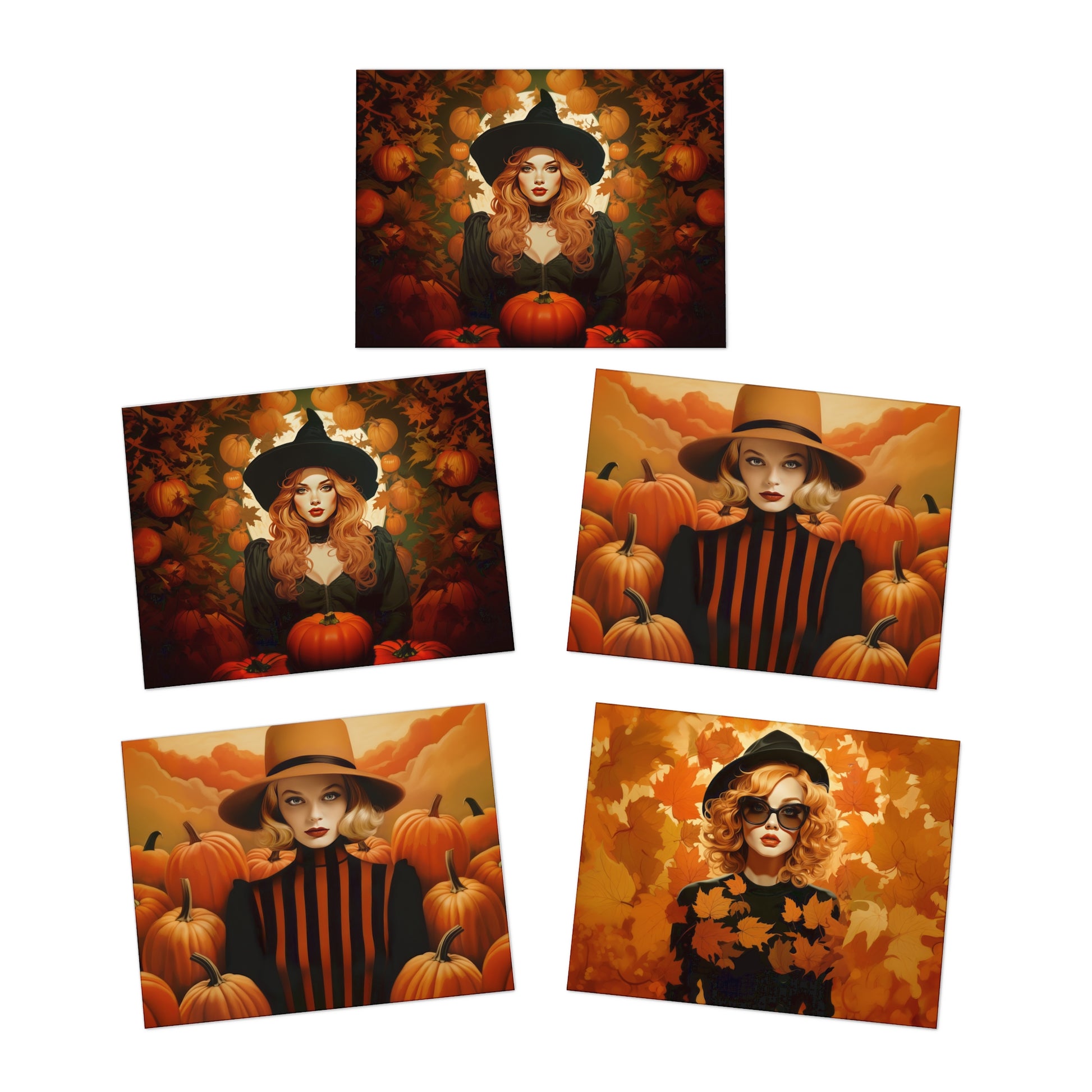 Retro inspired art print of a woman on a Paper products; Greeting Card Set Autumn Vibes (5 pcs) - by Pink Power Studio #gift for girlfriend #gift for wife #birthday gift #gift for her #70s #70ies