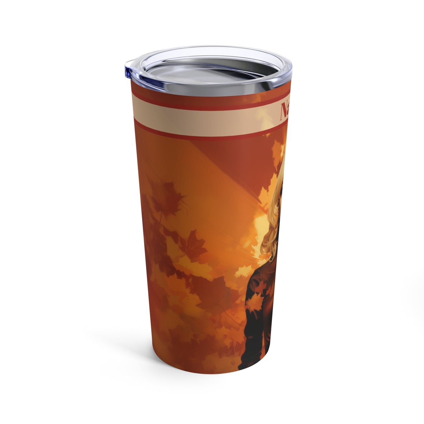 Retro inspired art print of a woman on a Tumbler 20oz; Personalized Tumbler Autumn Vibes 20oz - by Pink Power Studio #gift for girlfriend #gift for wife #birthday gift #gift for her #70s #70ies