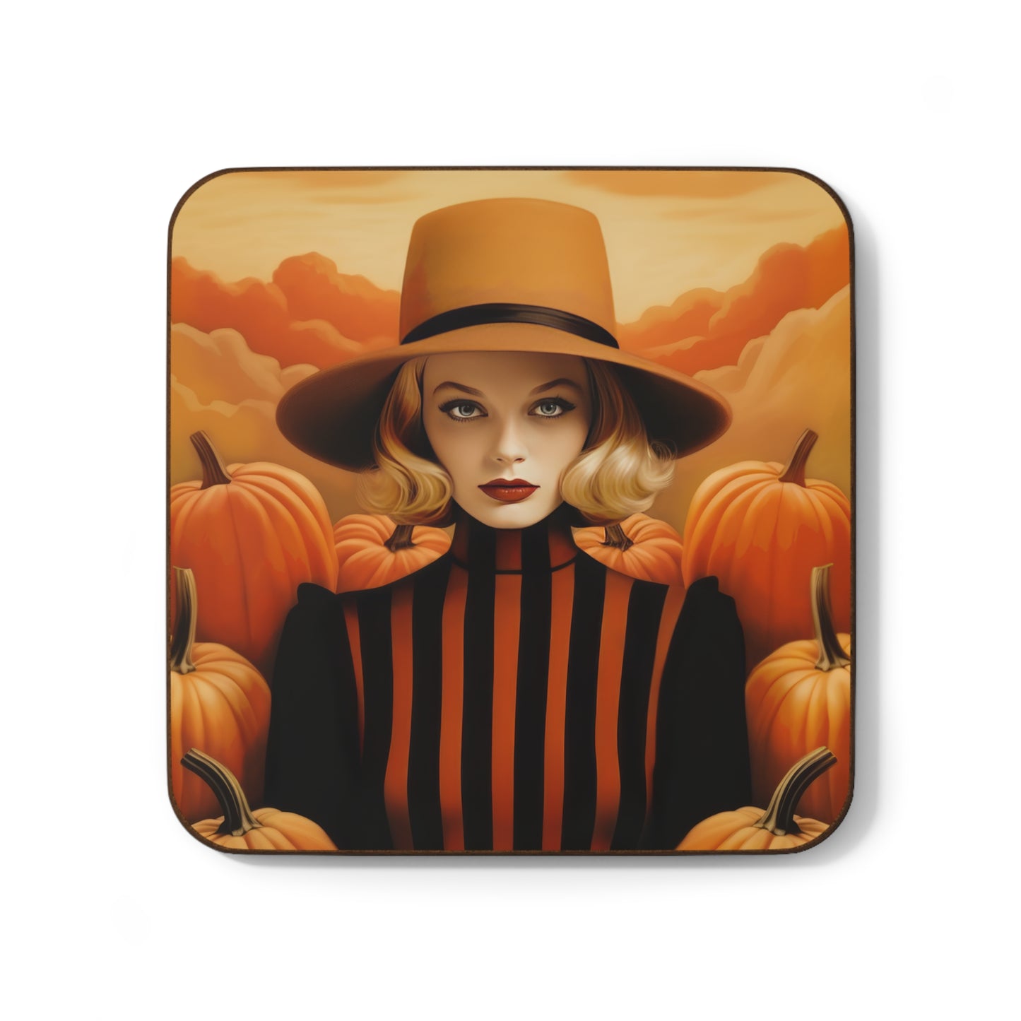 Retro inspired art print of a woman on a Home Decor; Coaster Autumn Vibes - Halloween - by Pink Power Studio #gift for girlfriend #gift for wife #birthday gift #gift for her #70s #70ies