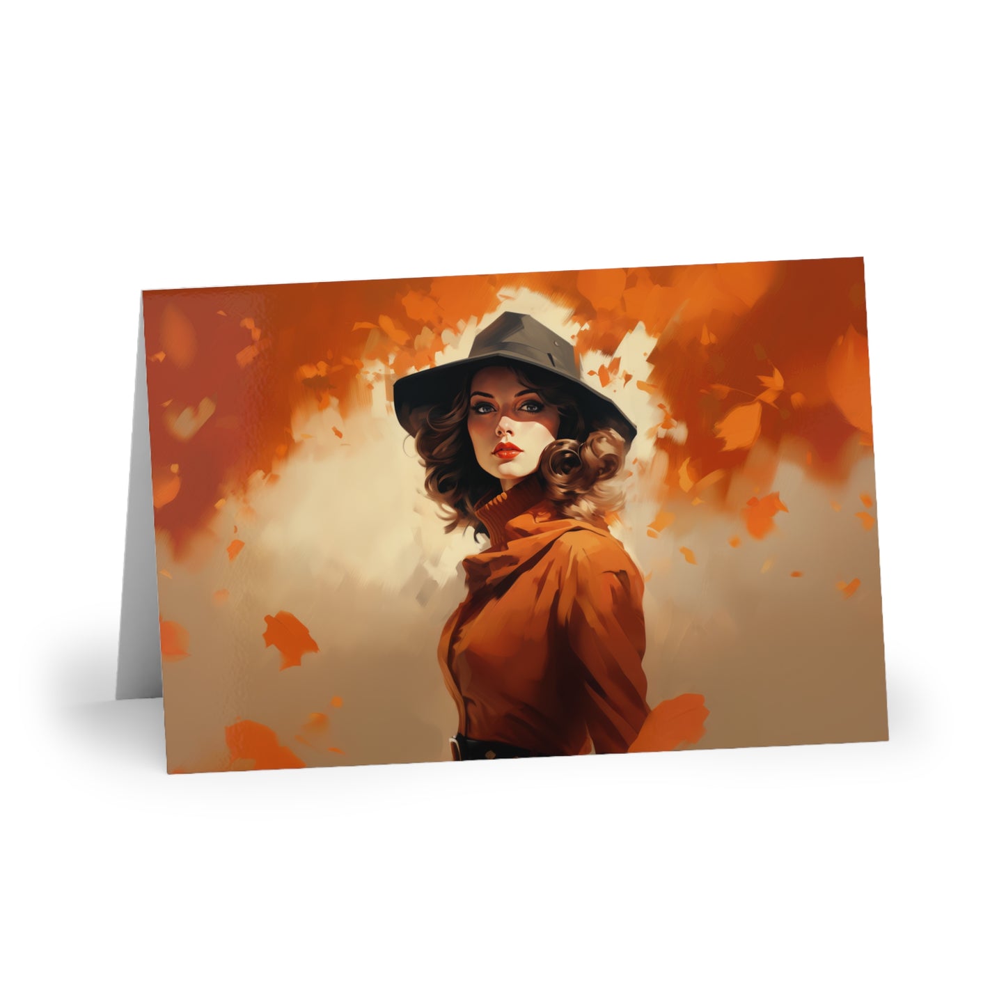 Retro inspired art print of a woman on a Greeting Card; Greeting Cards Autumn Vibes (1 or 10 pcs) - by Pink Power Studio #gift for girlfriend #gift for wife #birthday gift #gift for her #70s #70ies