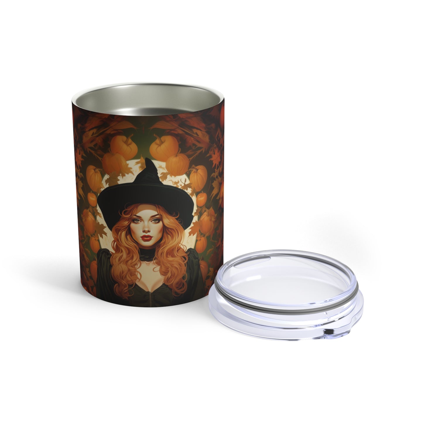 Retro inspired art print of a woman on a Tumbler 10oz; Tumbler Autumn Vibes 10oz - Halloween - by Pink Power Studio #gift for girlfriend #gift for wife #birthday gift #gift for her #70s #70ies