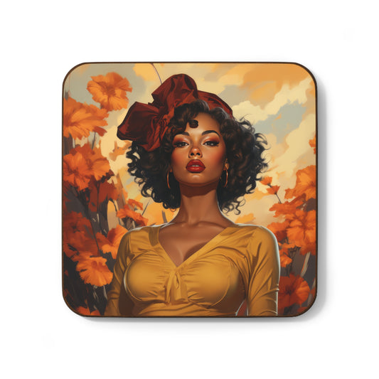 Retro inspired art print of a woman on a Home Decor; Coaster Autumn Vibes - by Pink Power Studio #gift for girlfriend #gift for wife #birthday gift #gift for her #70s #70ies