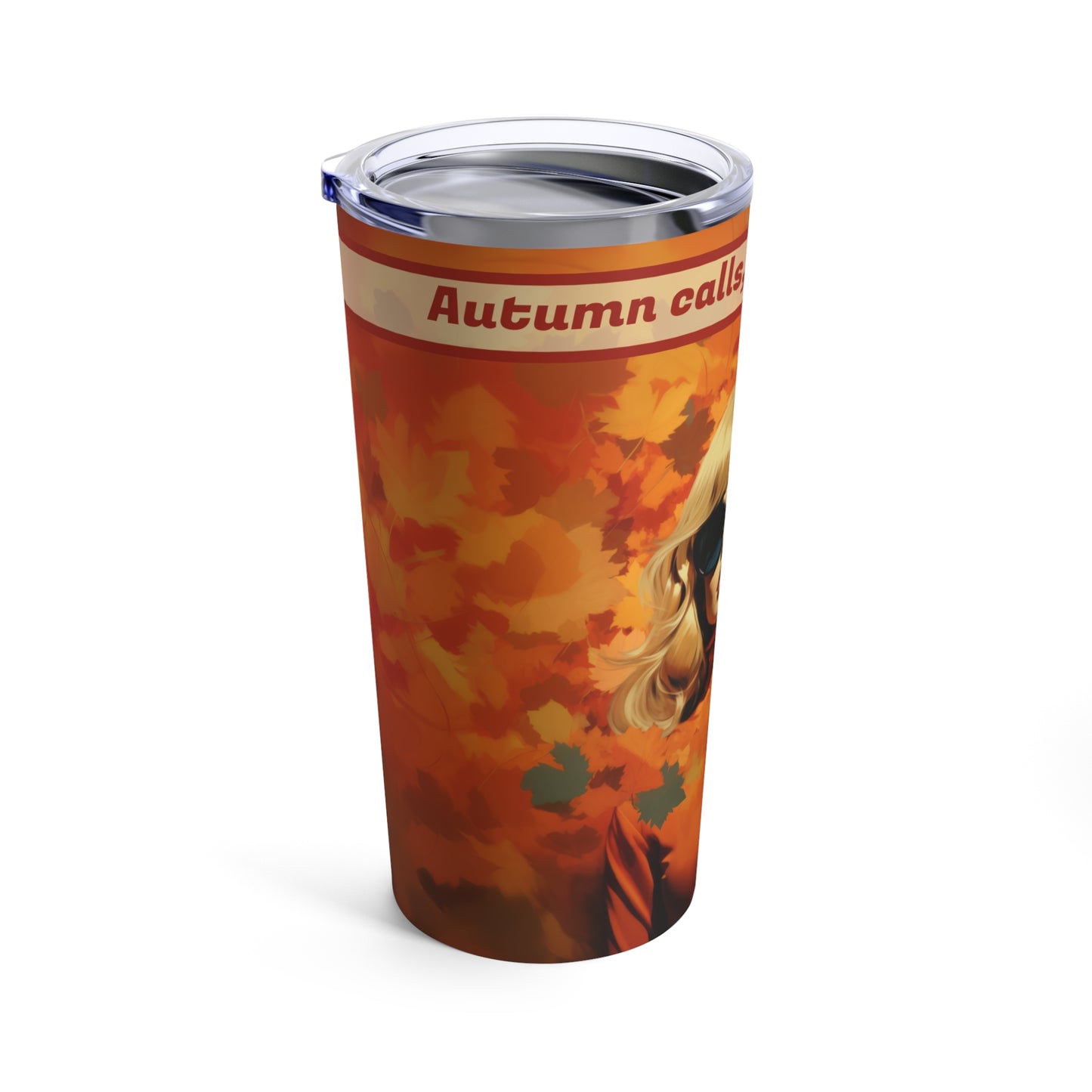 Retro inspired art print of a woman on a Tumbler 20oz; Personalized Tumbler Autumn Vibes 20oz - by Pink Power Studio #gift for girlfriend #gift for wife #birthday gift #gift for her #70s #70ies